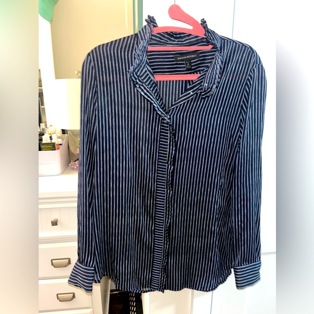 Banana republic navy and white striped button down